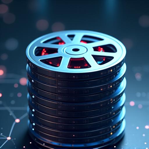 Tumpukan gulungan film digital melambangkan lisensi konten