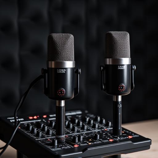 Peralatan rekaman podcast profesional dengan mikrofon dan mixer